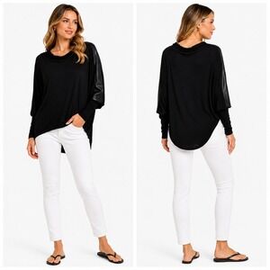 Red 23 Womens XS Black Mixed Media Top Faux Leather Dolman Sleeve Hi Low Hem